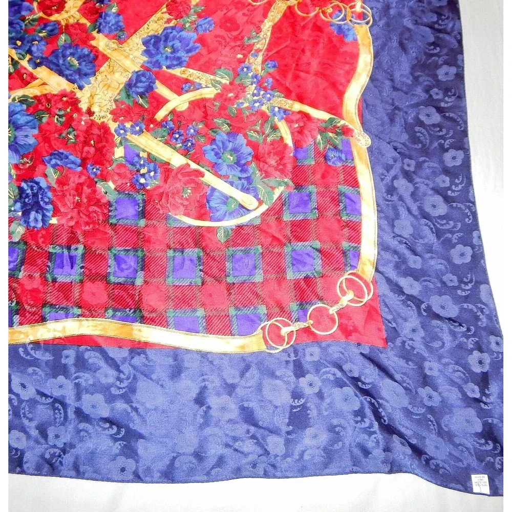 Ricki Freeman For Teri Jon Floral Silk Scarf Navy Red Gold Plaid Korea - Picture 13 of 16